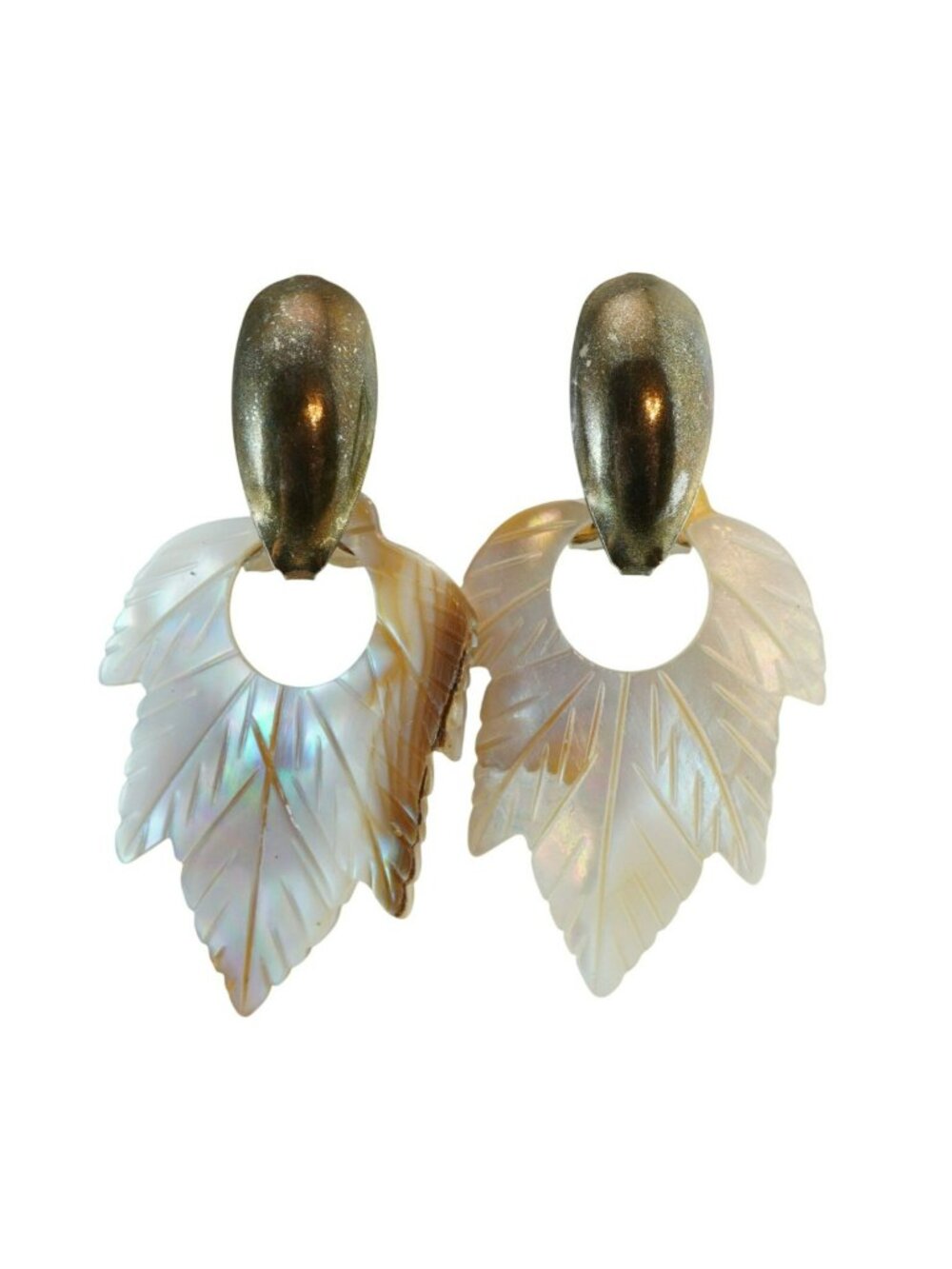 Vintage Mother of Pearl Leaf Dangle Earrings Iridescent Gold Tone Clip On Post